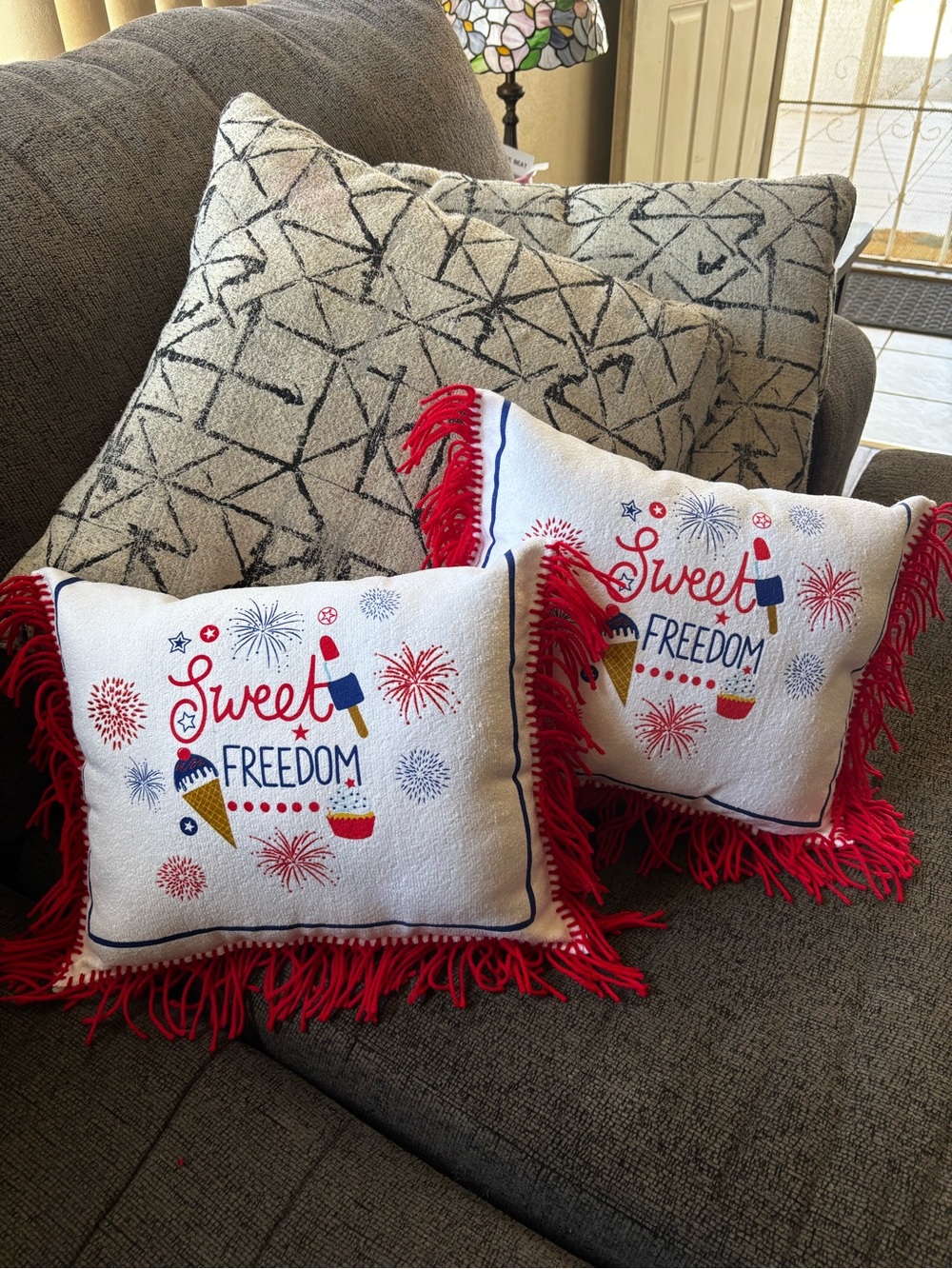 "Sweet Freedom" Red & White Decorative Pillow with Fringe